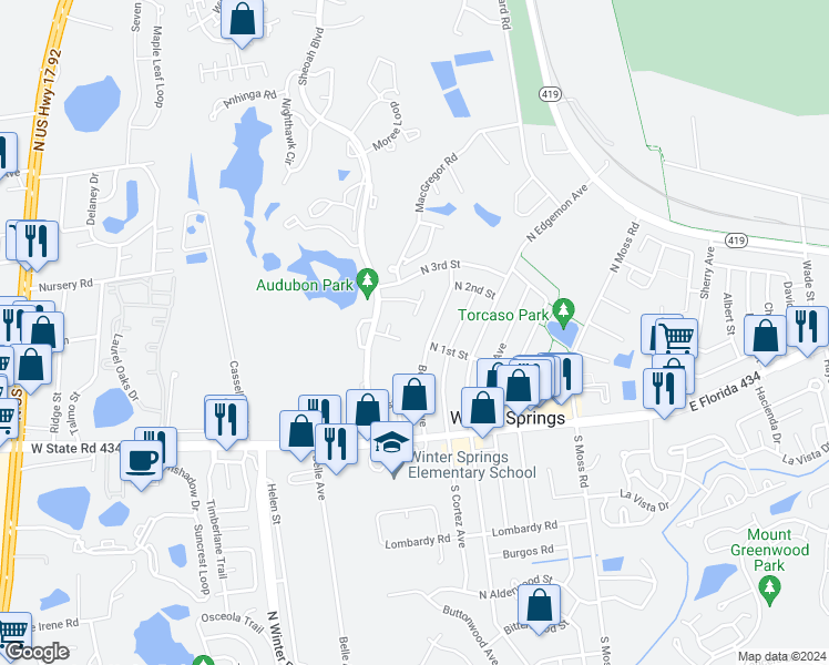 map of restaurants, bars, coffee shops, grocery stores, and more near 603 Huntly Lane in Winter Springs