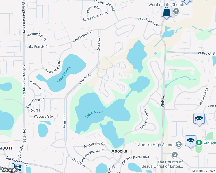 map of restaurants, bars, coffee shops, grocery stores, and more near 1309 Villa Lane in Apopka