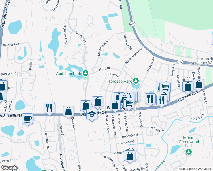 map of restaurants, bars, coffee shops, grocery stores, and more near 151 Bombay Avenue in Winter Springs
