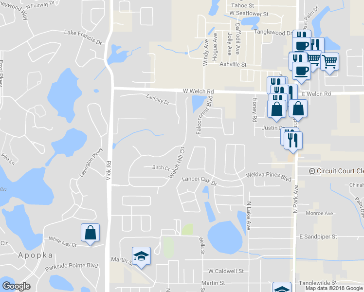map of restaurants, bars, coffee shops, grocery stores, and more near 1349 Welch Hill Circle in Apopka