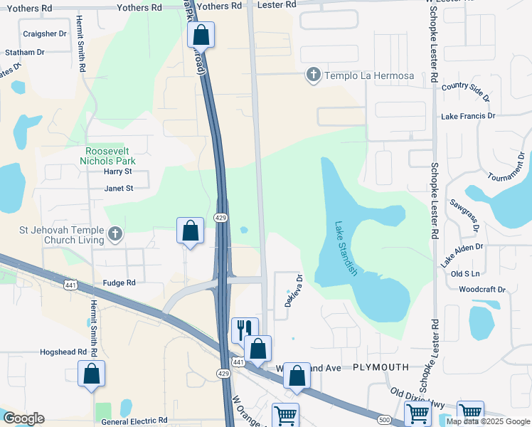 map of restaurants, bars, coffee shops, grocery stores, and more near 1255 Plymouth Sorrento Road in Apopka