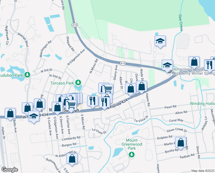 map of restaurants, bars, coffee shops, grocery stores, and more near 339 San Rafael Street in Winter Springs
