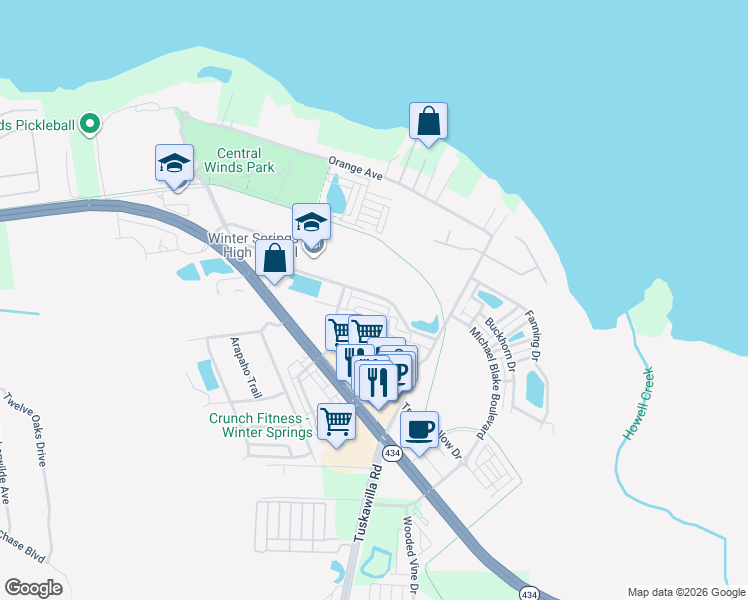map of restaurants, bars, coffee shops, grocery stores, and more near Florida Trail in Winter Springs