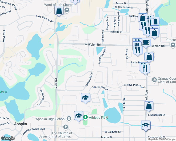 map of restaurants, bars, coffee shops, grocery stores, and more near 1192 Welch Hill Circle in Apopka