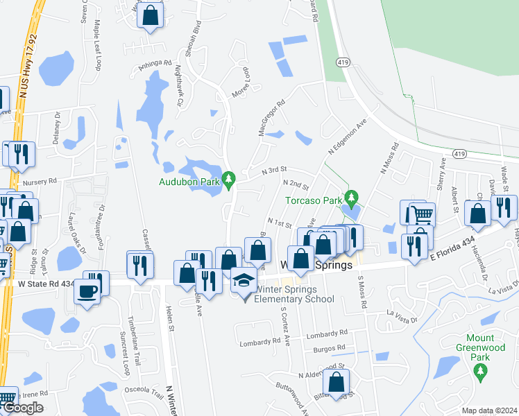 map of restaurants, bars, coffee shops, grocery stores, and more near 202 Perth Court in Winter Springs