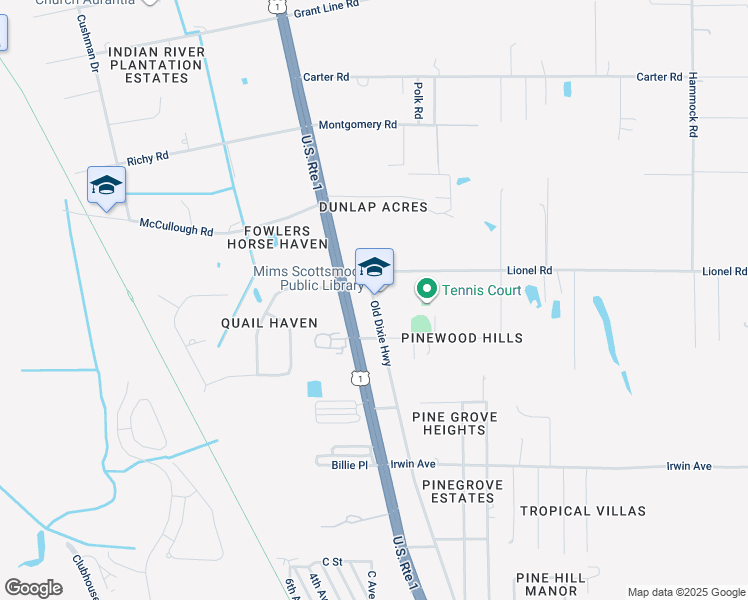 map of restaurants, bars, coffee shops, grocery stores, and more near 3757 Old Dixie Highway in Mims