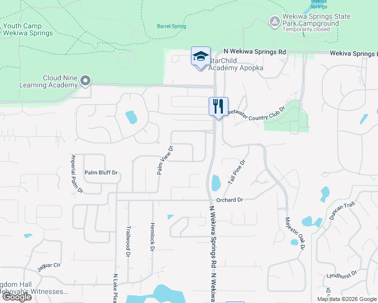 map of restaurants, bars, coffee shops, grocery stores, and more near 2152 Palm Crest Drive in Apopka