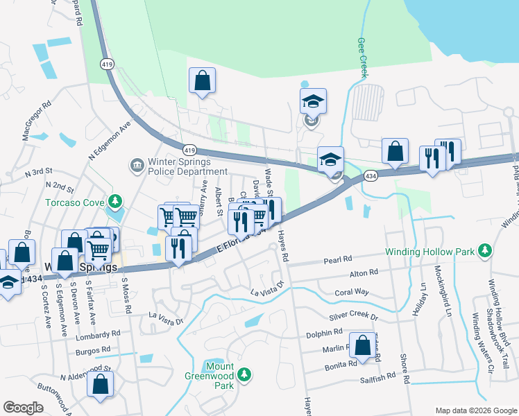 map of restaurants, bars, coffee shops, grocery stores, and more near 609 David Street in Winter Springs