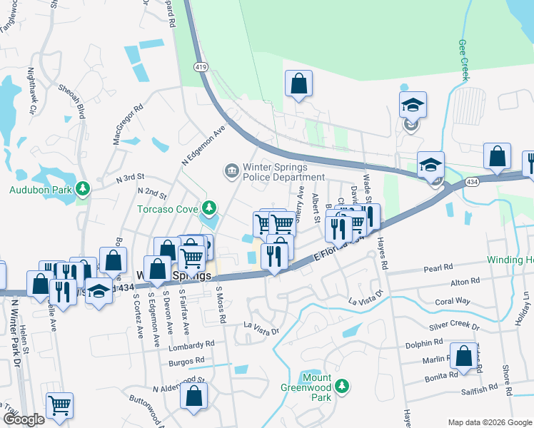 map of restaurants, bars, coffee shops, grocery stores, and more near 148 Cory Lane in Winter Springs