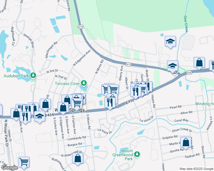 map of restaurants, bars, coffee shops, grocery stores, and more near 148 Cory Lane in Winter Springs