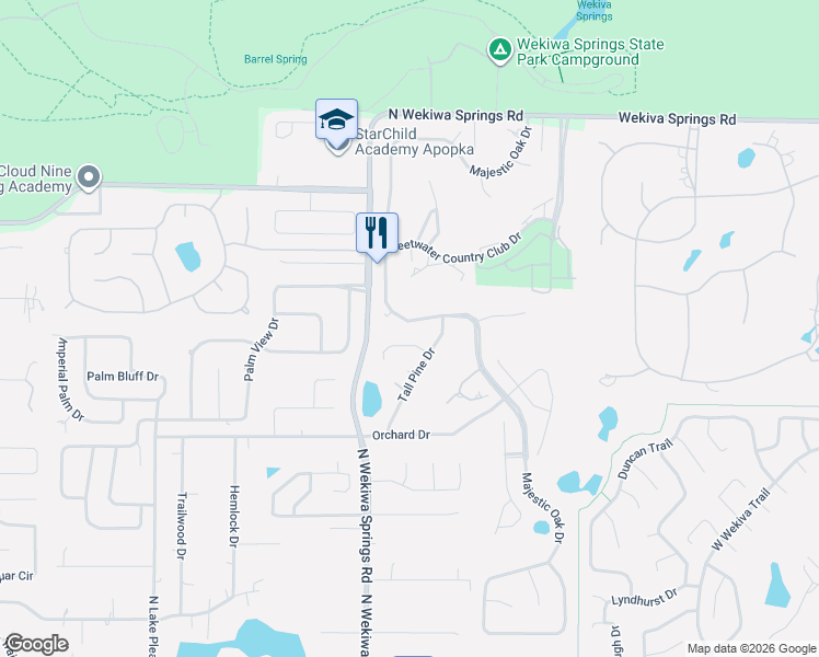 map of restaurants, bars, coffee shops, grocery stores, and more near 1255 Majestic Oak Drive in Apopka