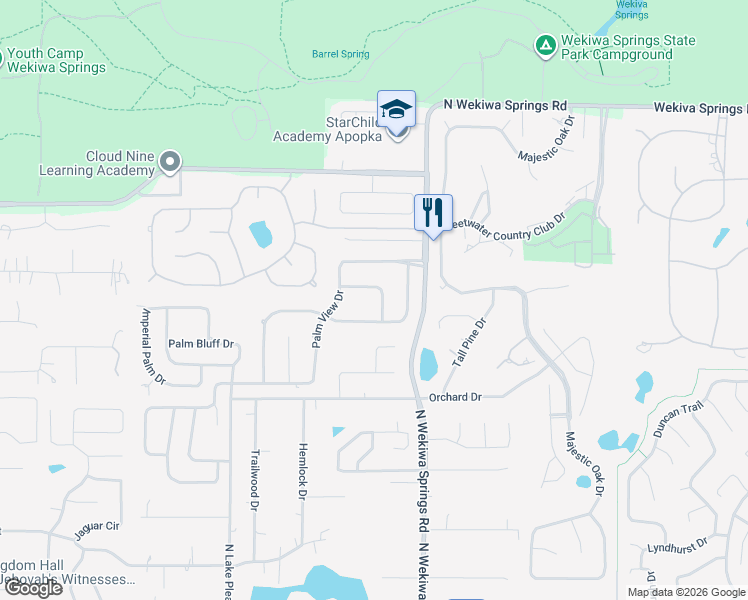 map of restaurants, bars, coffee shops, grocery stores, and more near 2139 Palm Crest Drive in Apopka