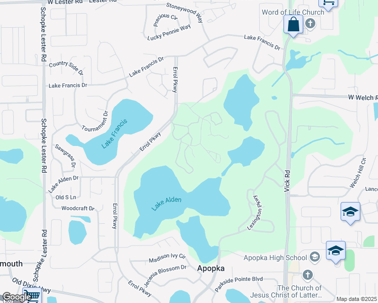 map of restaurants, bars, coffee shops, grocery stores, and more near 1309 Villa Lane in Apopka