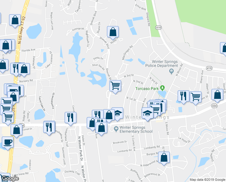 map of restaurants, bars, coffee shops, grocery stores, and more near 244 Highlands Glen Circle in Winter Springs