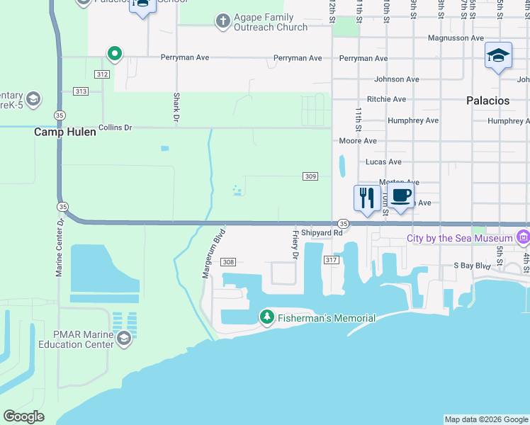 map of restaurants, bars, coffee shops, grocery stores, and more near 1400 Main Street in Palacios