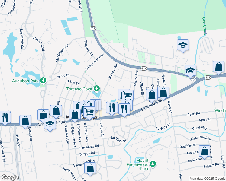 map of restaurants, bars, coffee shops, grocery stores, and more near 133 Cory Lane in Winter Springs
