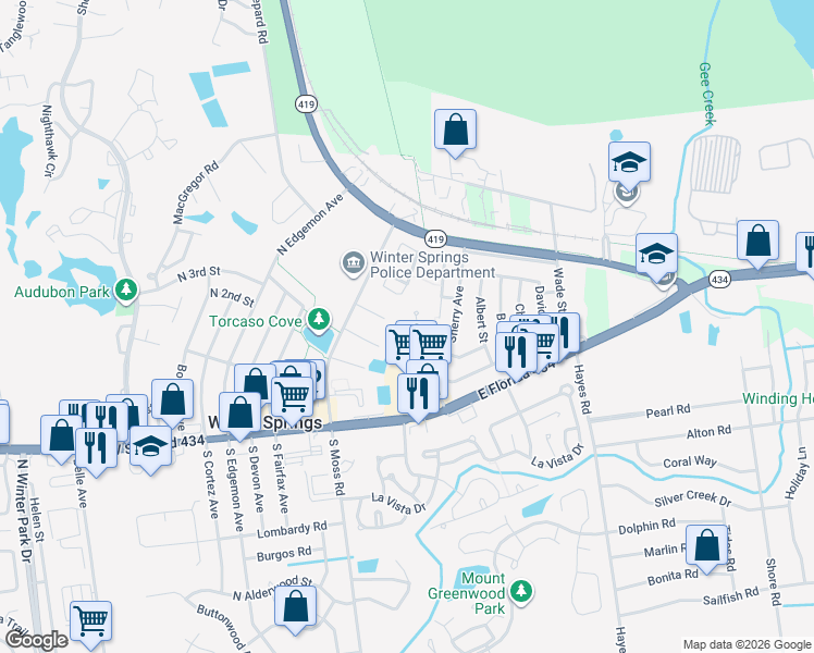 map of restaurants, bars, coffee shops, grocery stores, and more near 148 Cory Lane in Winter Springs