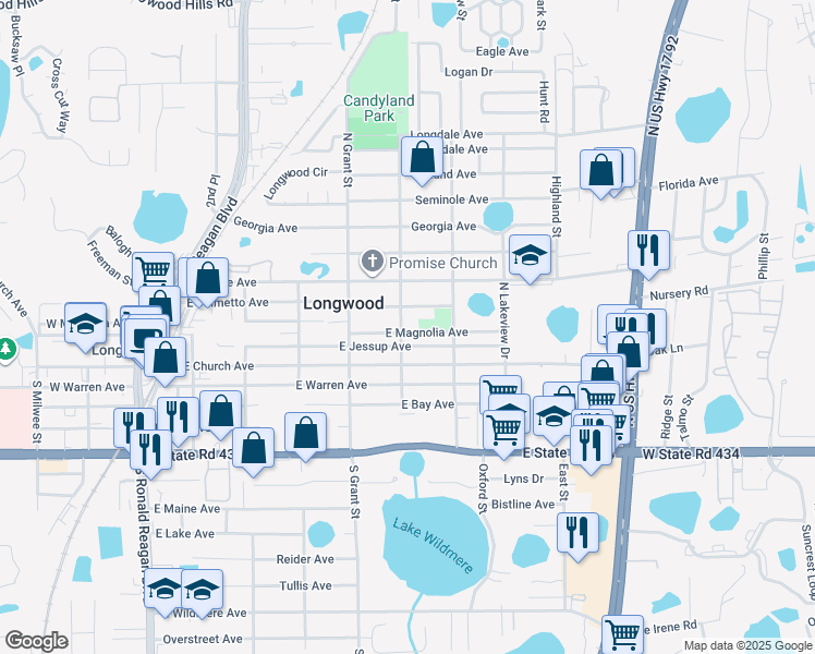 map of restaurants, bars, coffee shops, grocery stores, and more near 595 East Magnolia Avenue in Longwood