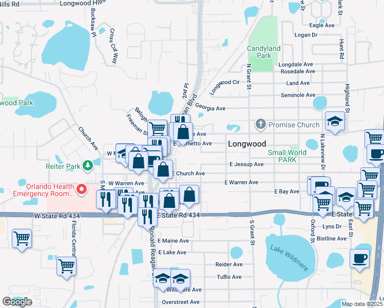 map of restaurants, bars, coffee shops, grocery stores, and more near 240 East Palmetto Avenue in Longwood