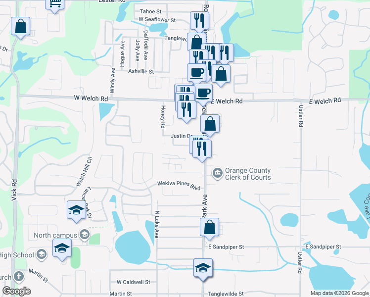 map of restaurants, bars, coffee shops, grocery stores, and more near 42 Jett Loop in Apopka