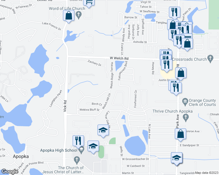 map of restaurants, bars, coffee shops, grocery stores, and more near 1228 Welch Ridge Terrace in Apopka
