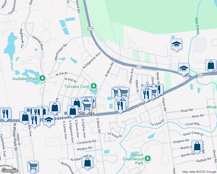 map of restaurants, bars, coffee shops, grocery stores, and more near 101 Cory Lane in Winter Springs