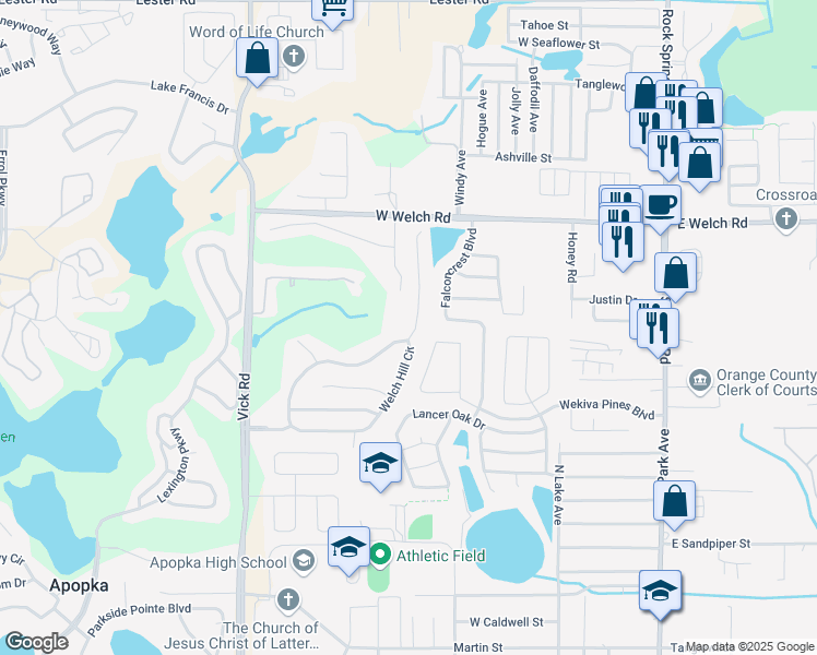 map of restaurants, bars, coffee shops, grocery stores, and more near 1236 Welch Ridge Terrace in Apopka