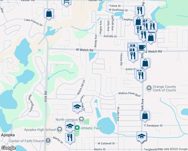 map of restaurants, bars, coffee shops, grocery stores, and more near 1348 Falconcrest Boulevard in Apopka