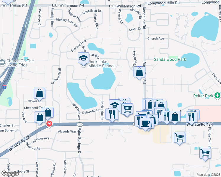 map of restaurants, bars, coffee shops, grocery stores, and more near 132 Slade Drive in Longwood