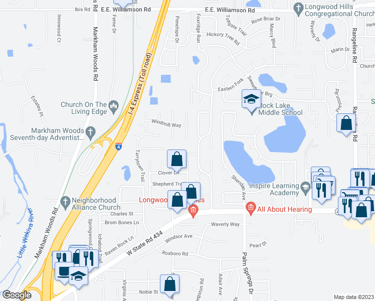 map of restaurants, bars, coffee shops, grocery stores, and more near 164 Tollgate Branch in Longwood