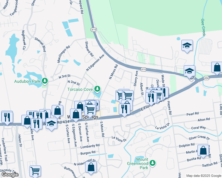 map of restaurants, bars, coffee shops, grocery stores, and more near 101 Cory Lane in Winter Springs