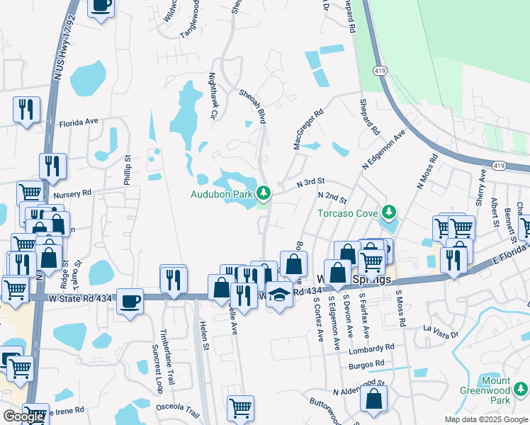 map of restaurants, bars, coffee shops, grocery stores, and more near 244 Highlands Glen Circle in Winter Springs