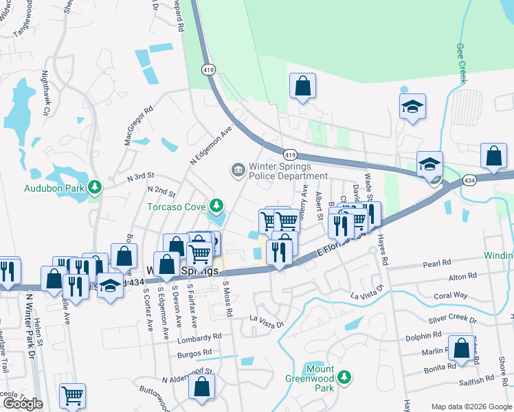 map of restaurants, bars, coffee shops, grocery stores, and more near 139 Cory Lane in Winter Springs