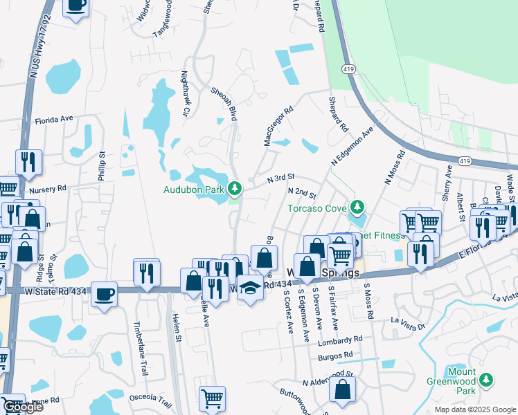 map of restaurants, bars, coffee shops, grocery stores, and more near 203 Perth Court in Winter Springs