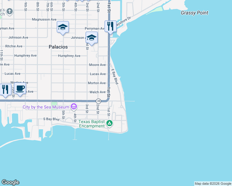 map of restaurants, bars, coffee shops, grocery stores, and more near 403 Highway 35 Business in Palacios