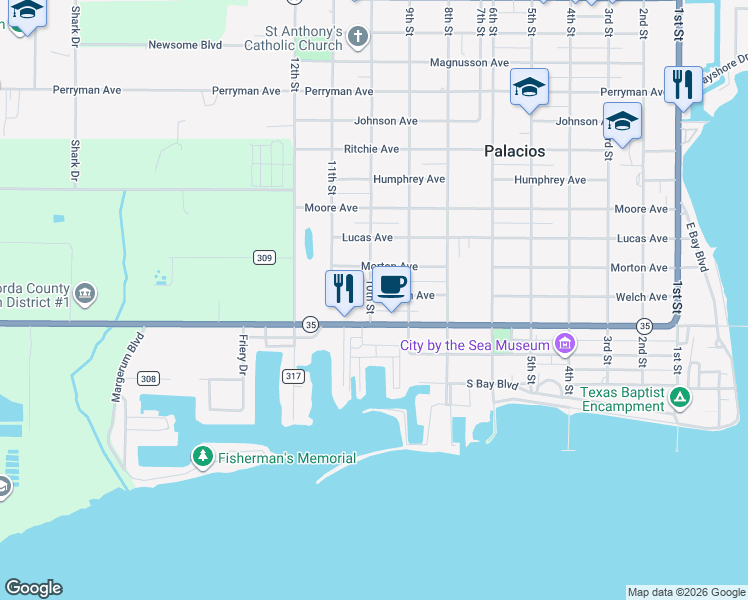 map of restaurants, bars, coffee shops, grocery stores, and more near 310 10th Street in Palacios