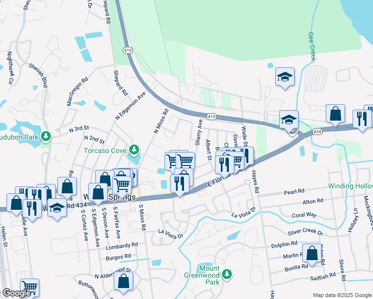 map of restaurants, bars, coffee shops, grocery stores, and more near 339 San Rafael Street in Winter Springs