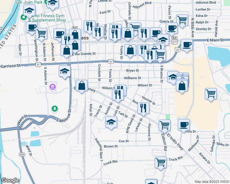 map of restaurants, bars, coffee shops, grocery stores, and more near 577 Austin St in Eagle Pass