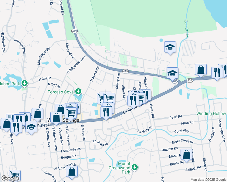 map of restaurants, bars, coffee shops, grocery stores, and more near 339 San Rafael Street in Winter Springs
