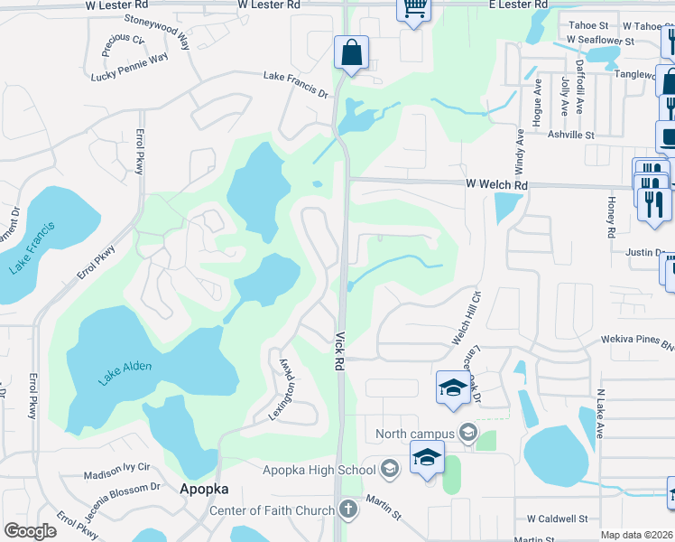 map of restaurants, bars, coffee shops, grocery stores, and more near 1210 Lexington Parkway in Apopka