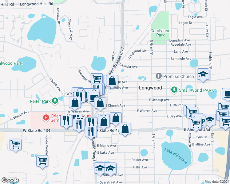 map of restaurants, bars, coffee shops, grocery stores, and more near 240 East Palmetto Avenue in Longwood