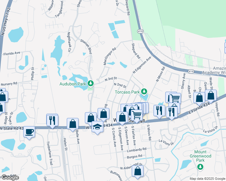 map of restaurants, bars, coffee shops, grocery stores, and more near 151 Bombay Avenue in Winter Springs