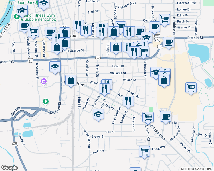 map of restaurants, bars, coffee shops, grocery stores, and more near 577 Austin Street in Eagle Pass