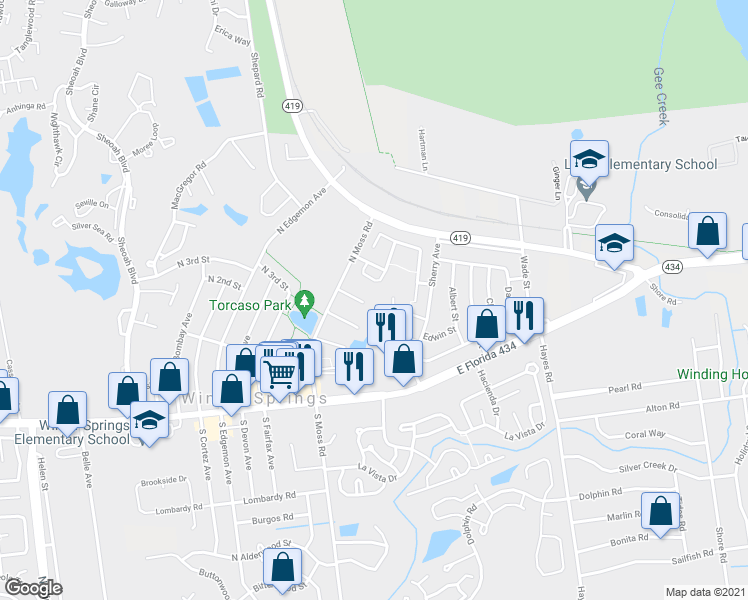 map of restaurants, bars, coffee shops, grocery stores, and more near 148 Cory Lane in Winter Springs