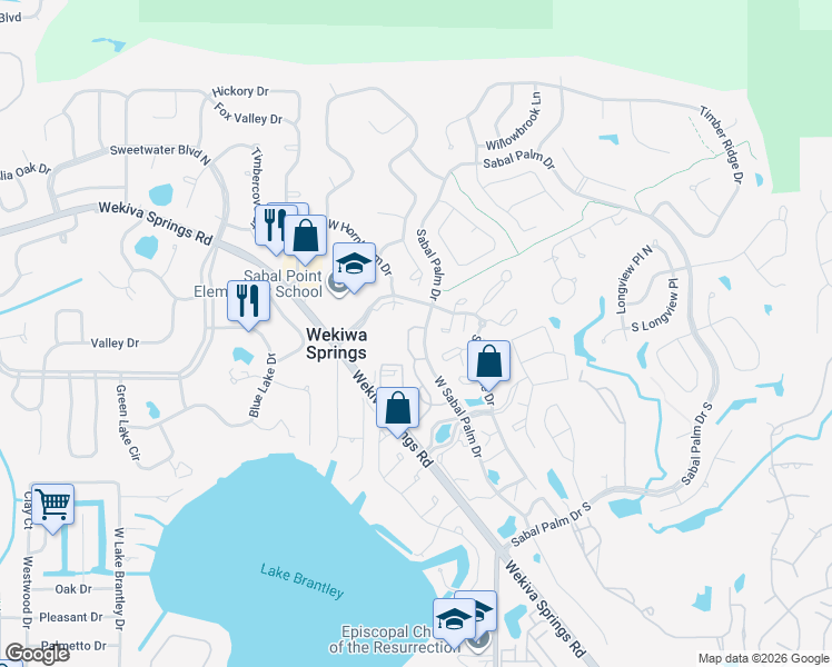 map of restaurants, bars, coffee shops, grocery stores, and more near West Sabal Palm Drive in Wekiva Springs