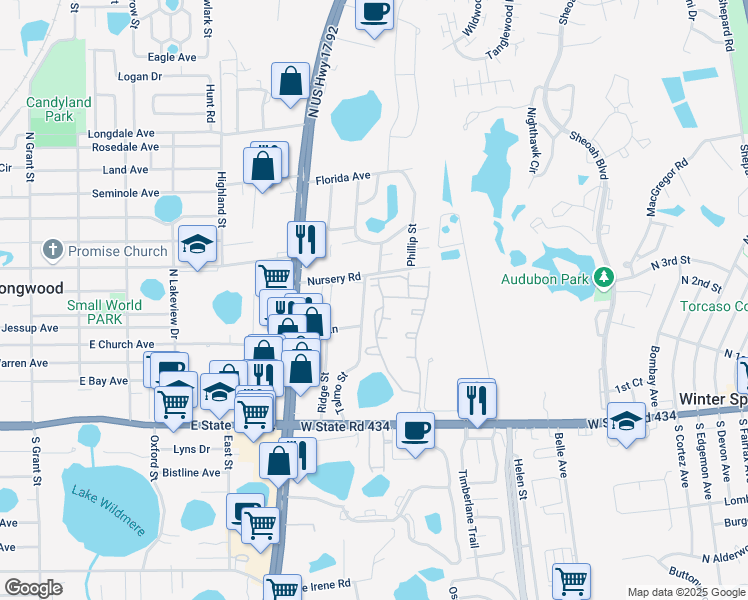 map of restaurants, bars, coffee shops, grocery stores, and more near 7 Laurel Oaks Drive in Winter Springs