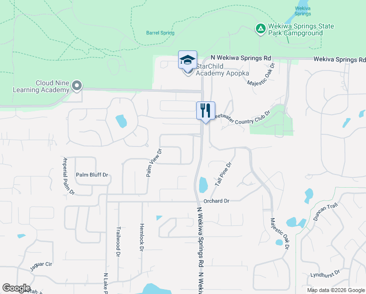 map of restaurants, bars, coffee shops, grocery stores, and more near 2139 Palm Crest Drive in Apopka