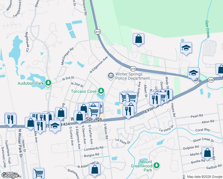 map of restaurants, bars, coffee shops, grocery stores, and more near 101 Cory Lane in Winter Springs