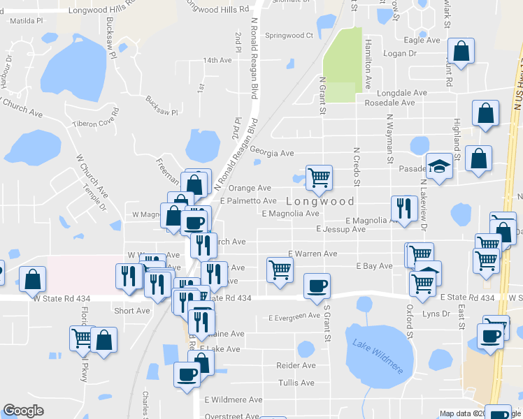 map of restaurants, bars, coffee shops, grocery stores, and more near 309 East Magnolia Avenue in Longwood