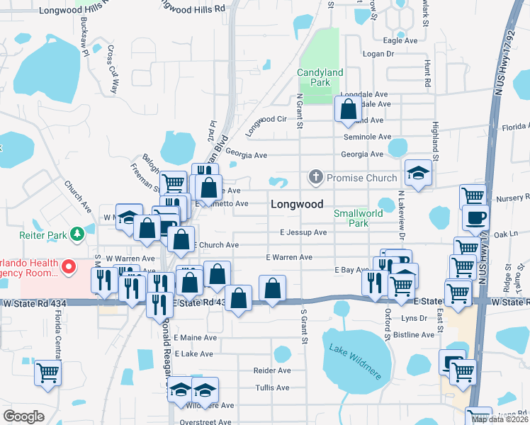 map of restaurants, bars, coffee shops, grocery stores, and more near 342 North Oak Street in Longwood